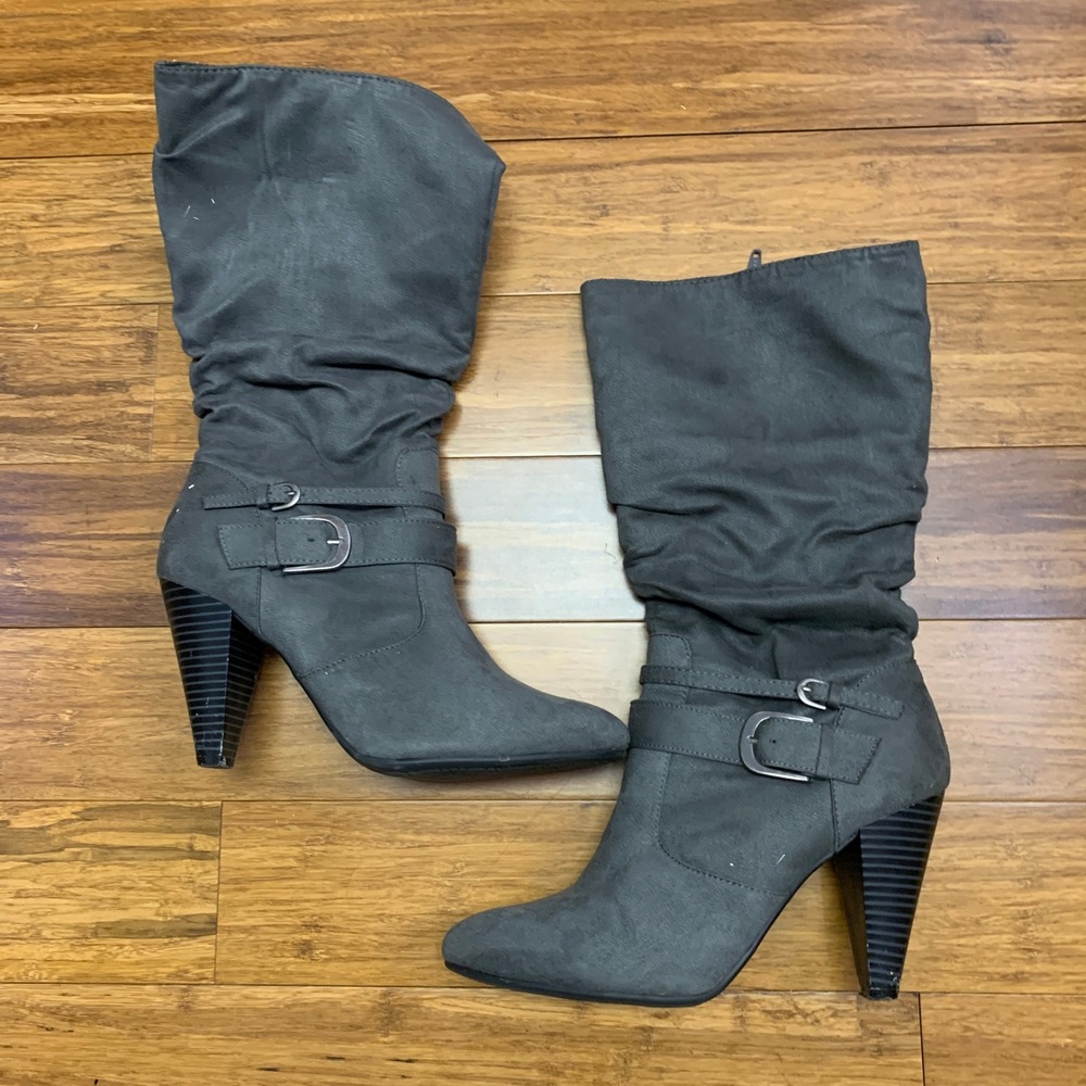 Apt 9 Womens Gray Slouchy Buckle Mid‎ Calf Boots Size 9.5 M Side Zip Heeled